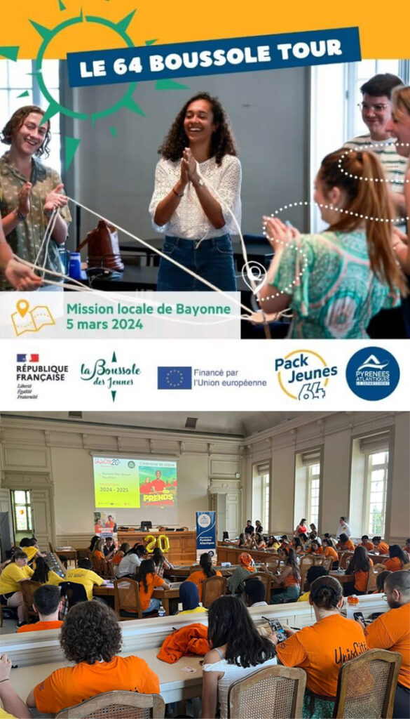 En haut affiche Boussole Tour. En bas Cérémonie Unis-Cité