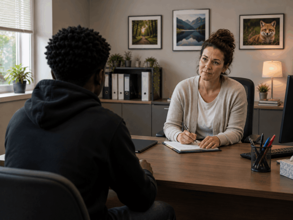 Femme reçoit un jeune homme à son bureau